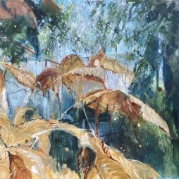Watercolour painting of Horse Chestnut leaves in autumn